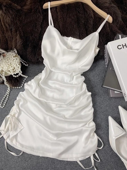 White Mermaid Spaghetti Straps Satin Short Prom Dress,Homecoming Dress,Birthday Dress GG3316