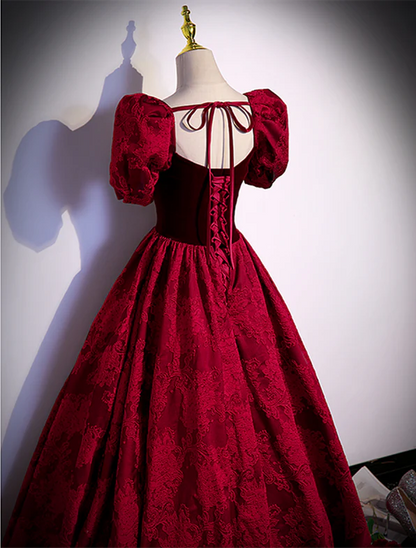Elegant A Line Sweetheart Red Velvet Floral Satin Short Bubble Sleeves Long Prom Dress,Evening Dress GG331