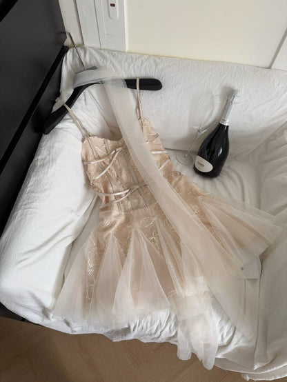 Chic A Line Spaghetti Starps Satin Tulle Short Prom Dress,Homecoming Dress,Birthday Dress GG3335