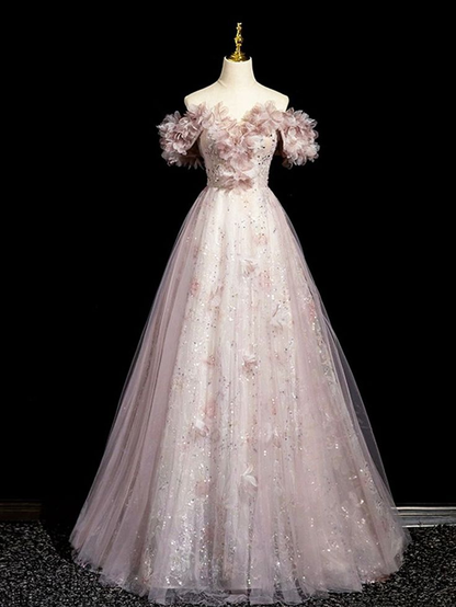 Exuisite A Line Off The Shoulder Tulle Sequins Floral Long Prom Dress,Evening Dress GG334
