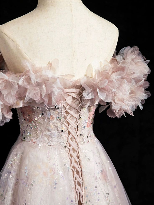 Exuisite A Line Off The Shoulder Tulle Sequins Floral Long Prom Dress,Evening Dress GG334