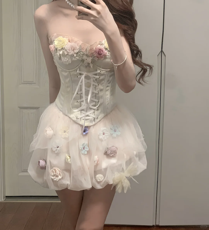 Pretty A Line Strapless Satin Tulle Applique Short Prom Dress,Homecoming Dress,Birthday Dress GG3370