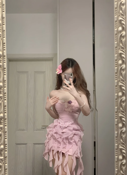 Pink A Line Strapless Chiffon Ruffles Short Prom Dress,Homecoming Dress,Birthday Dress GG3371