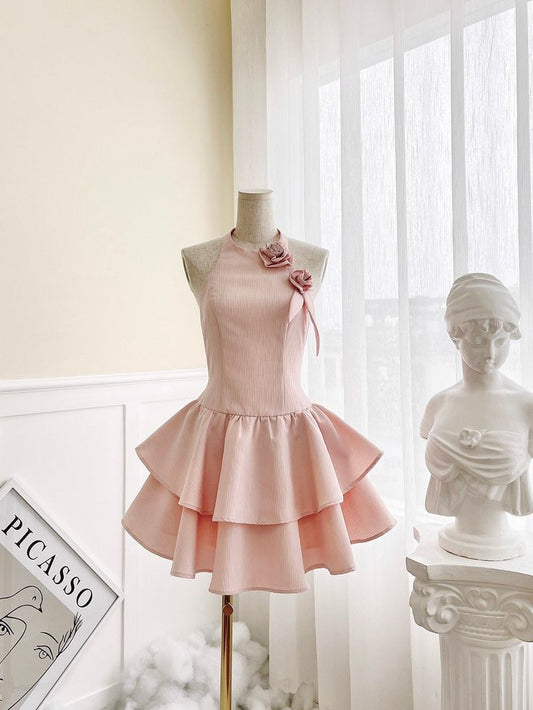 Pink A Line Halter Satin Short Prom Dress,Homecoming Dress,Birthday Dress GG3379