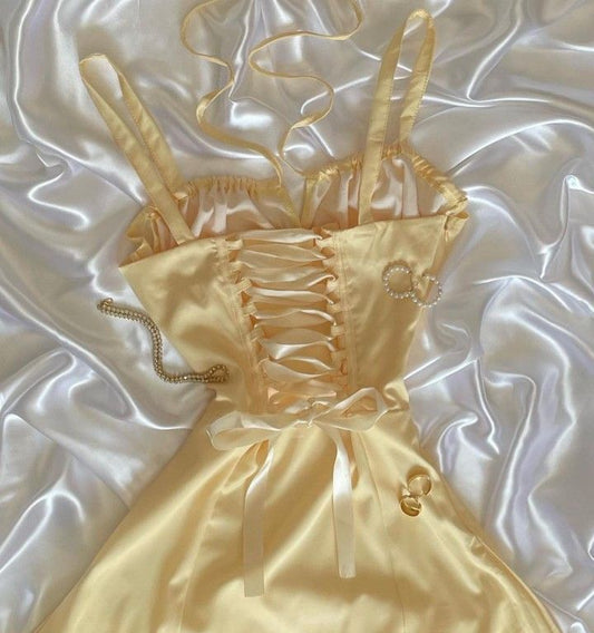 Yellow A Line Spaghetti Straps Satin Short Prom Dress,Homecoming Dress,Birthday Dress GG3388