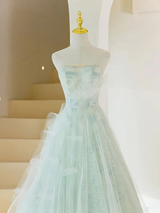 Fairy A LineStrapless Mint Green Tulle Long Prom Dress,Evening Dress GG342