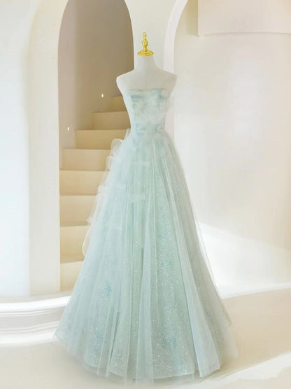 Fairy A LineStrapless Mint Green Tulle Long Prom Dress,Evening Dress GG342