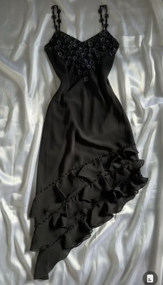 Black A Line Spaghetti Straps Chiffon Applique Short Prom Dress,Homecoming Dress,Birthday Dress GG3439