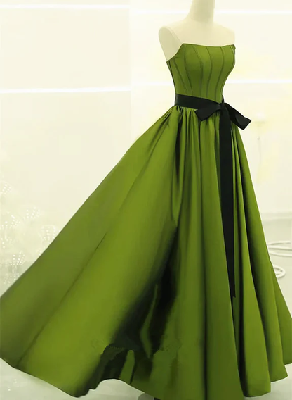 Elegant A Line Strapless  Green Satin Black Belt Long Prom Dress,Evening Dress GG343