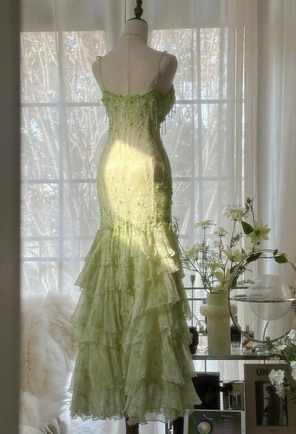 Chic Mermaid Spaghetti Straps Green Satin Chiffon Beaded Long Prom Dress,Party Dress,Evening Dress GG3472