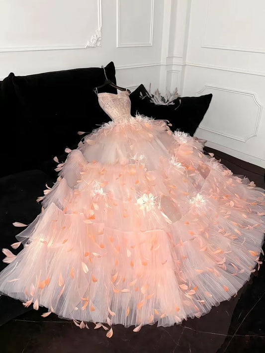 Unique Ball Gown Spaghetti Straps Satin Tulle Feather Long Prom Dress,Party Dress,Evening Dress GG3478
