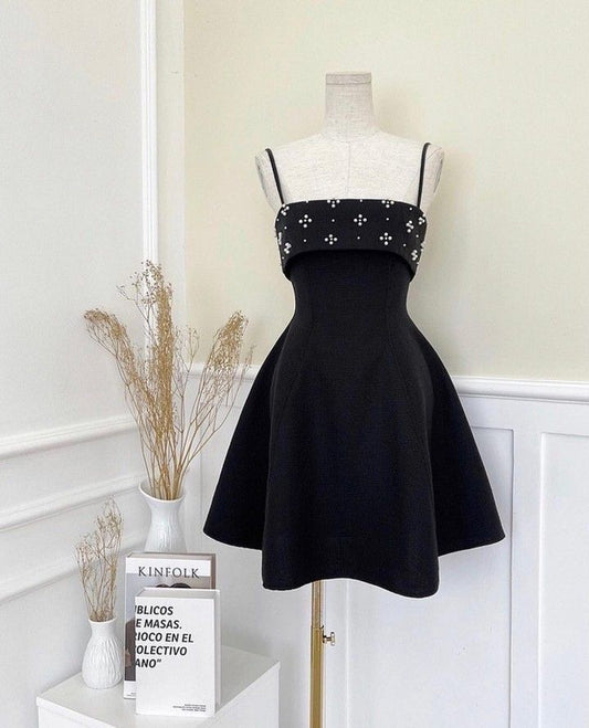 Black A Line Spaghetti Straps Satin Beads Short Prom Dress,Homecoming Dress,Birthday Dress GG3492