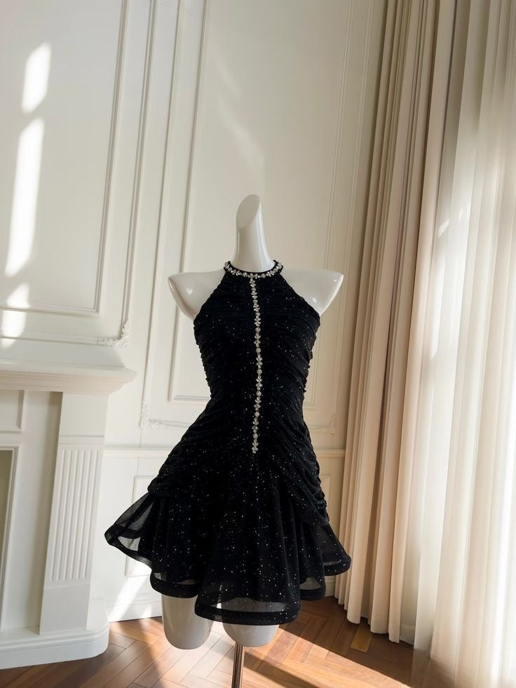 Black A Line Halter Satin Tulle Sequin Short Prom Dress,Homecoming Dress,Birthday Dress GG3495