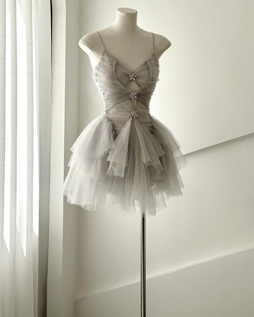 Unique A Line Spaghetti Straps Tulle Beads Short Prom Dress,Homecoming Dress,Birthday Dress GG3496