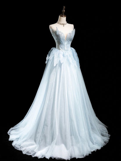 Stunning A Line Strapless Tulle Sequin Beads Long Prom Dress,Party Dress,Evening Dress GG3507