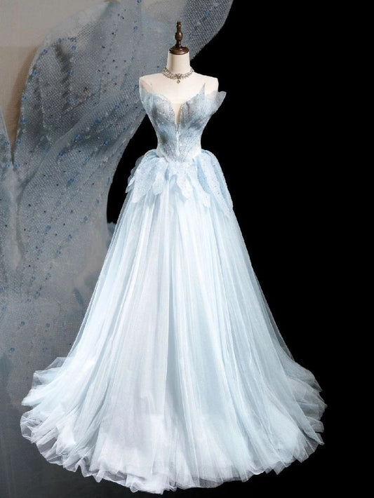 Stunning A Line Strapless Tulle Sequin Beads Long Prom Dress,Party Dress,Evening Dress GG3507