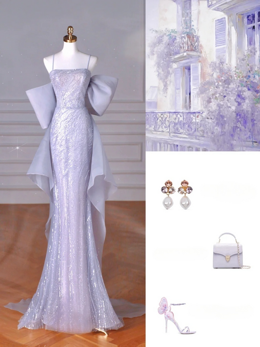 Shiny Mermaid Spaghetti Straps Lilac Tulle Sequin Back With Bow Long Prom Dress,Party Dress,Evening Dress GG3522