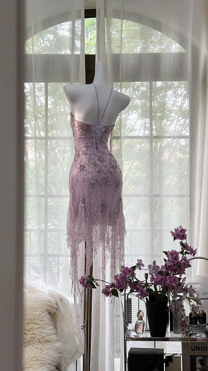 Pretty Mermaid Strapless Tulle Lace Sequin Beads Short Prom Dress,Homecoming Dress,Birthday Dress GG3526