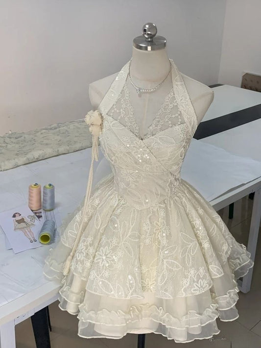 Cute A Line Halter Tulle Lace Short Prom Dress,Homecoming Dress,Birthday Dress GG3530