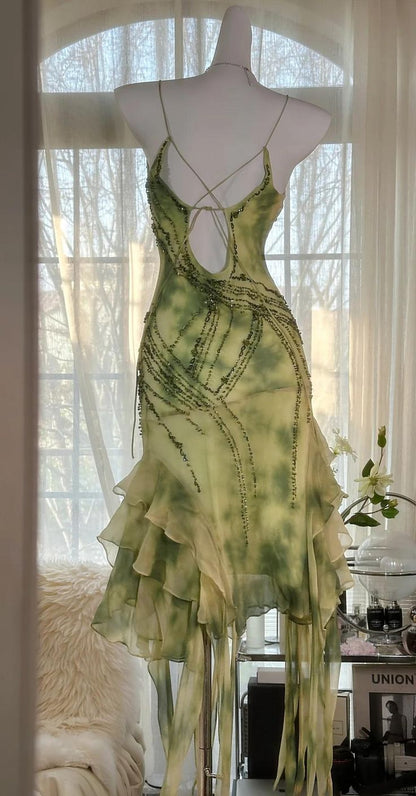 Stunning Mermaid Spaghetti Straps Chiffon Beads Ruffles Short Prom Dress,Homecoming Dress,Birthday Dress GG3538
