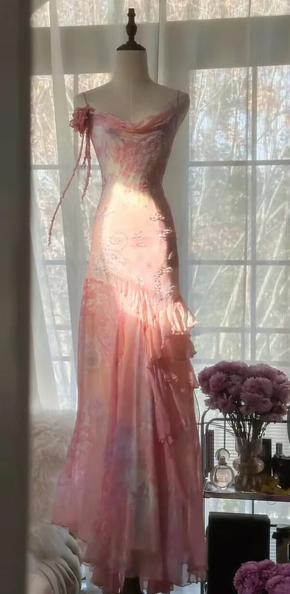 Gorgeous Mermaid Spaghetti Straps Satin Chiffon Printed Beads Long Prom Dress,Party Dress,Evening Dress GG3568