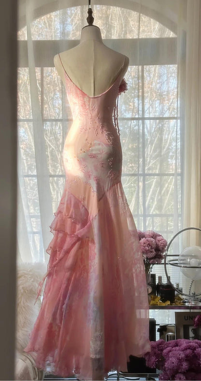 Gorgeous Mermaid Spaghetti Straps Satin Chiffon Printed Beads Long Prom Dress,Party Dress,Evening Dress GG3568
