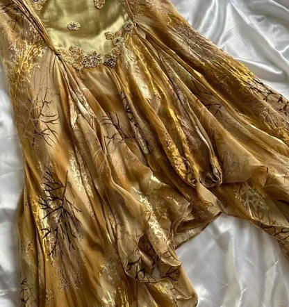 Stunning Gold A Line Spaghetti Straps Satin Chiffon Applique Long Prom Dress,Party Dress,Evening Dress GG3569