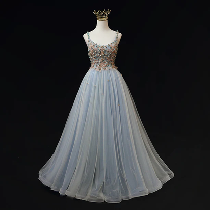 Elegant A Line Blue Tulle with Flowers Straps Long Prom Dress,Evening Dress GG356