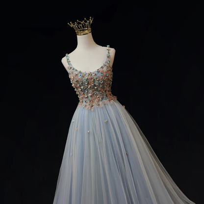 Elegant A Line Blue Tulle with Flowers Straps Long Prom Dress,Evening Dress GG356