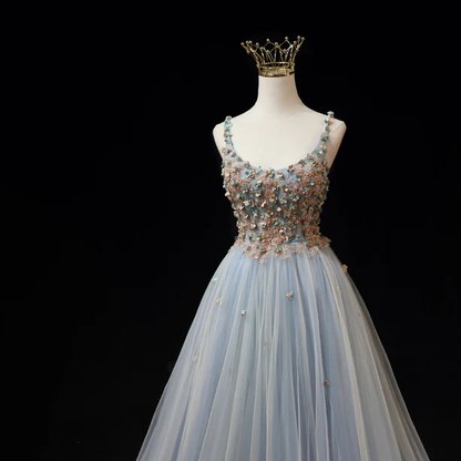 Elegant A Line Blue Tulle with Flowers Straps Long Prom Dress,Evening Dress GG356