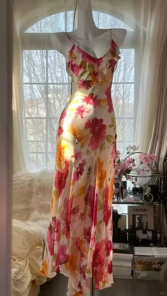 Unique Mermaid Spaghetti Straps Satin Chiffon Printed Flowers Beads Long Prom Dress,Party Dress,Evening Dress GG3570