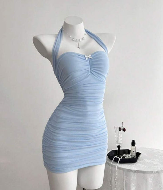 Pale Blue Mermaid Halter Satin Chiffon Short Prom Dress,Homecoming Dress,18th Birthday Dress GG3578