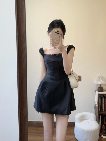 Black A Line Off The Shoulder Satin Short Prom Dress,Homecoming Dress,18th Birthday Dress GG3590
