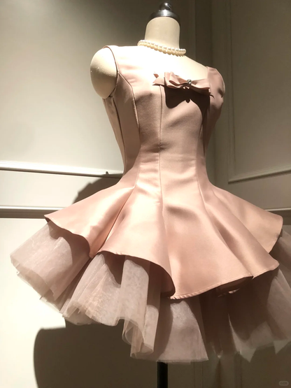 Sweet 16th Pink A Line U Neck Satin Tulle With Bow Short Homecoming Dress,Summer Birthday Dress GG3698