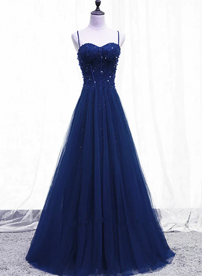 Glam A Line Beaded Spaghetti Straps Sequin Tulle Long Prom Dress,Evening Dress GG372