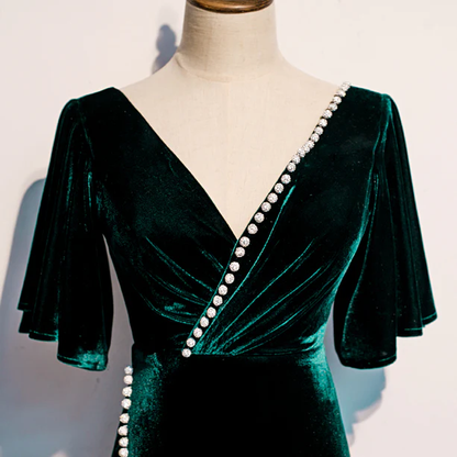 Glam Mermaid V Neckline  Dark Green Velvet  Beaded Slit Long Prom Dress,Evening Dress GG373
