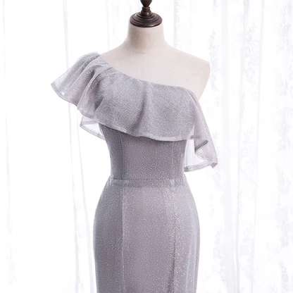 Shiny Mermaid Grey One Shoulder Tulle Long Prom Dress,Evening Dress GG374