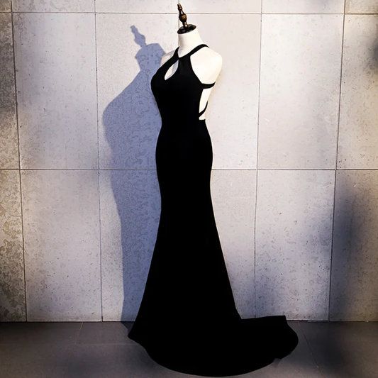 Sexy Black Mermaid Halter Satin Long Prom Dress,Evening Dress GG379