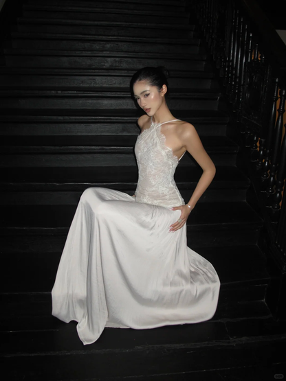 Pretty A Line Halter Satin Lace Backless Long Prom Dress,Party Dress,Evening Dress GG3852