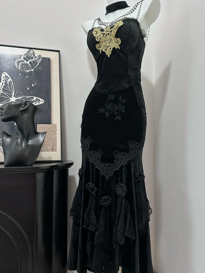 Gorgeous Mermaid Spaghetti Straps Black Satin Applique Beads Long Prom Dress,Party Dress,Evening Dress GG3867