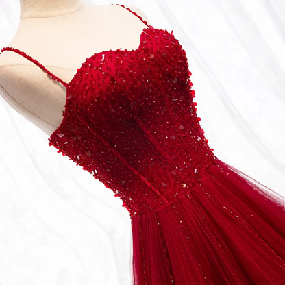 Gorgeous A Line Sweetheart Straps Red Beaded Long Prom Dress,Evening Dress GG389