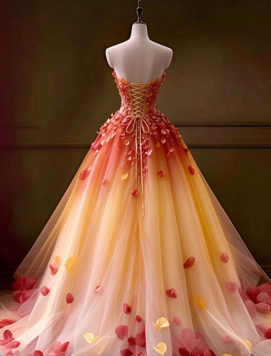 Chic A Line Sweetheart Orange Gradient Flowers Long Prom Dress,Wedding Dress,Evening Dress GG392
