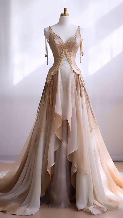 New Elegant A Line Champagne V Neck Chiffon Sweep Long Prom Dress,Evening Dress GG393
