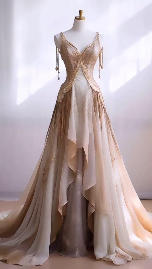 New Elegant A Line Champagne V Neck Chiffon Sweep Long Prom Dress,Evening Dress GG393