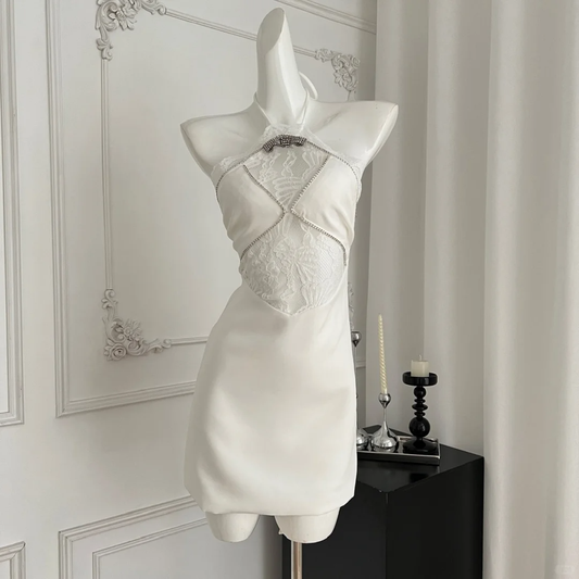 Sheath Mermaid Halter White Satin Lace Short Homecoming Dress,Summer 19th Birthday Dress GG3973