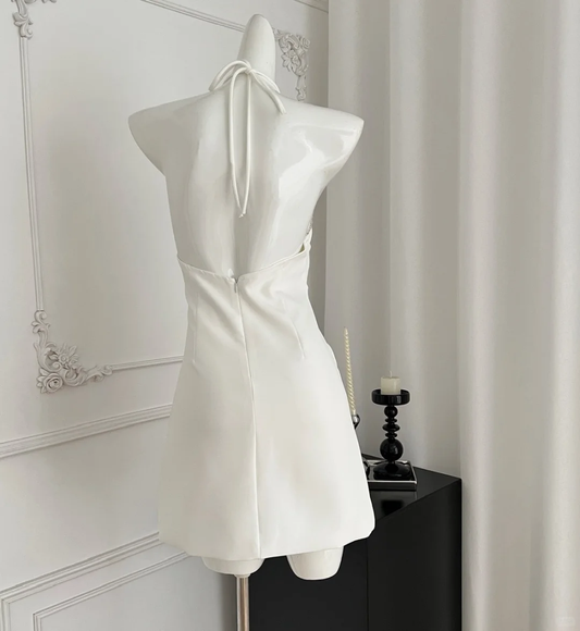 Sheath Mermaid Halter White Satin Lace Short Homecoming Dress,Summer 19th Birthday Dress GG3973