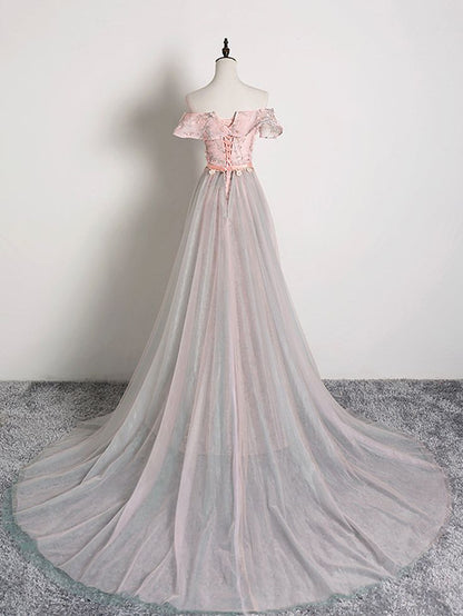 Elegant A Line Off The Shoulder Pink Applique Tulle Long Prom Dresses,Evening Dresses GG398