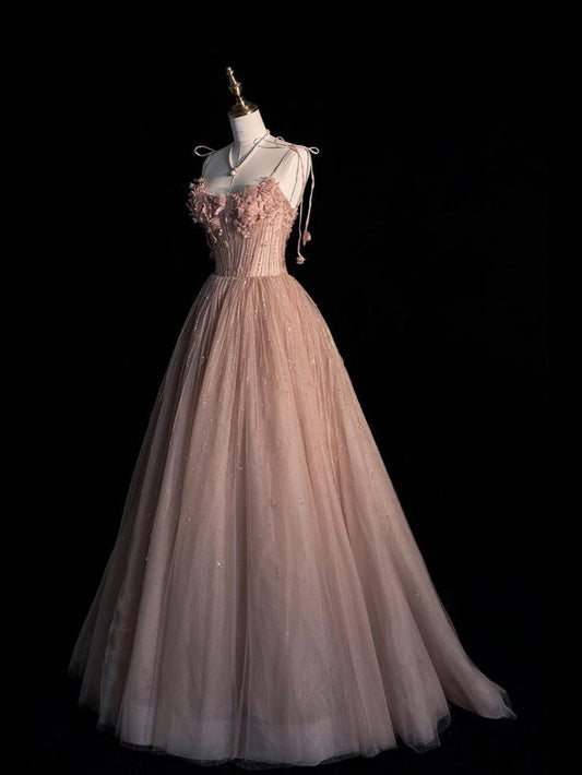 Elegant A Line Bow Spaghetti Straps Tulle Applique Long Prom Dresses,Evening Dresses GG404