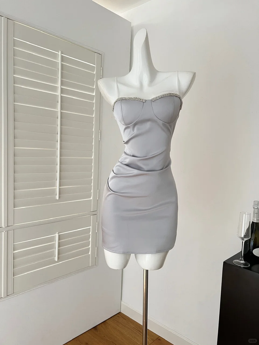 Sheath Mermaid Spaghetti Straps Pleated Satin Beads Short Homecoming Dress,Summer 19th Birthday Dress GG4043