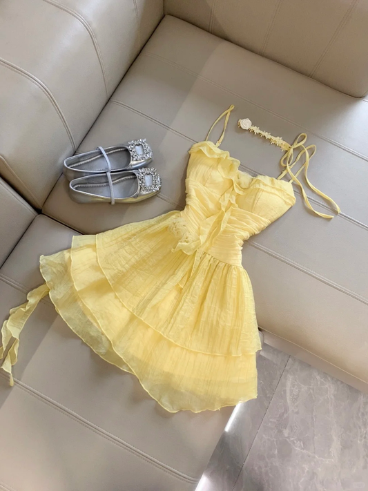 Yellow A Line Spaghetti Straps Satin Chiffon Short Homecoming Dress,Summer 17th Birthday Dress GG4114